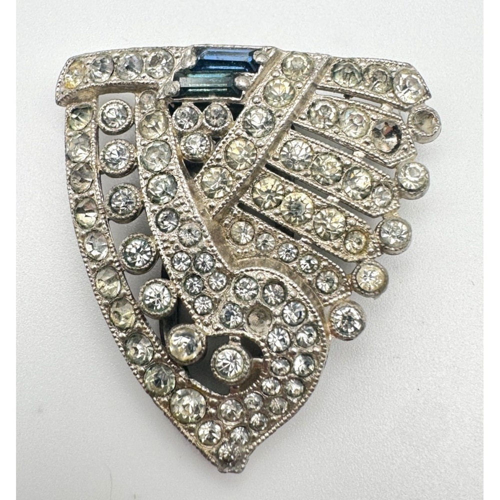 Vintage Rhinestone Dress Clip Clear & Blue 1930s Art Deco Silver Tone READ